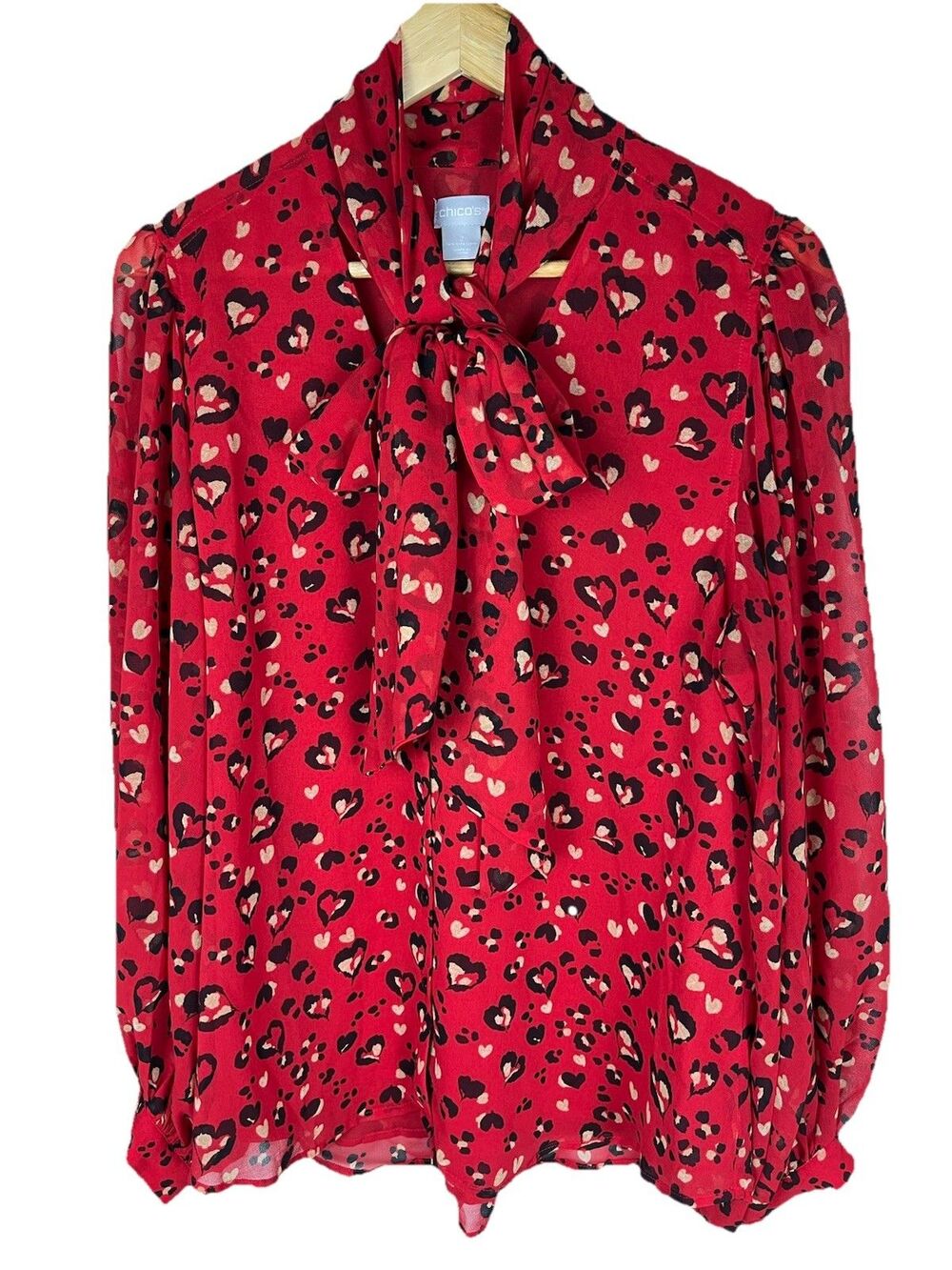 NWOT Chico's Sz 2 L 12/14 Love Bow Blouse Red Heart Leopard Print Bishop Sleeve